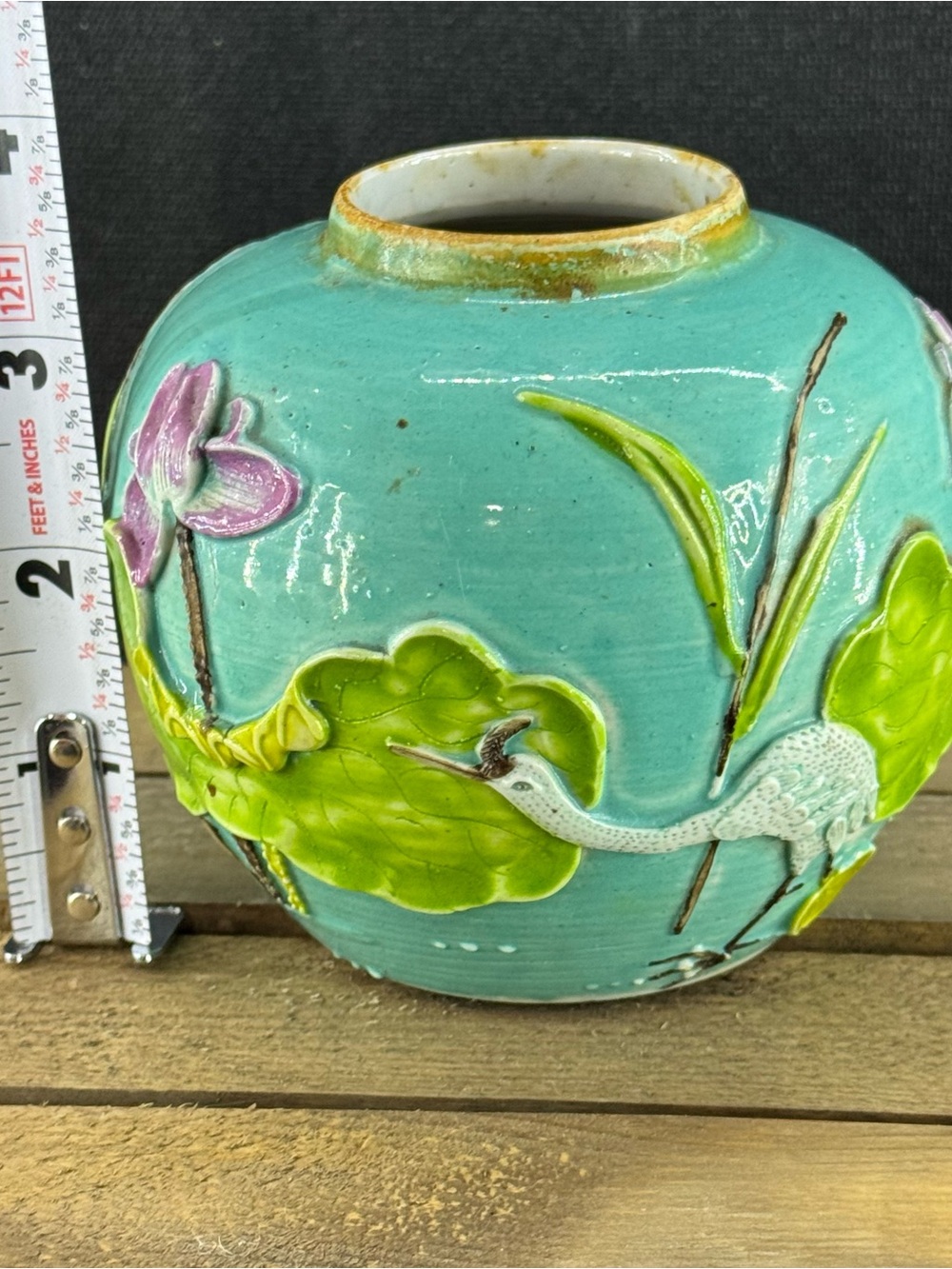 Antique Chinese Ginger Jar Lotus & Crane Blue Vase Wang Bing Rong style no Lid - Picture 6 of 7